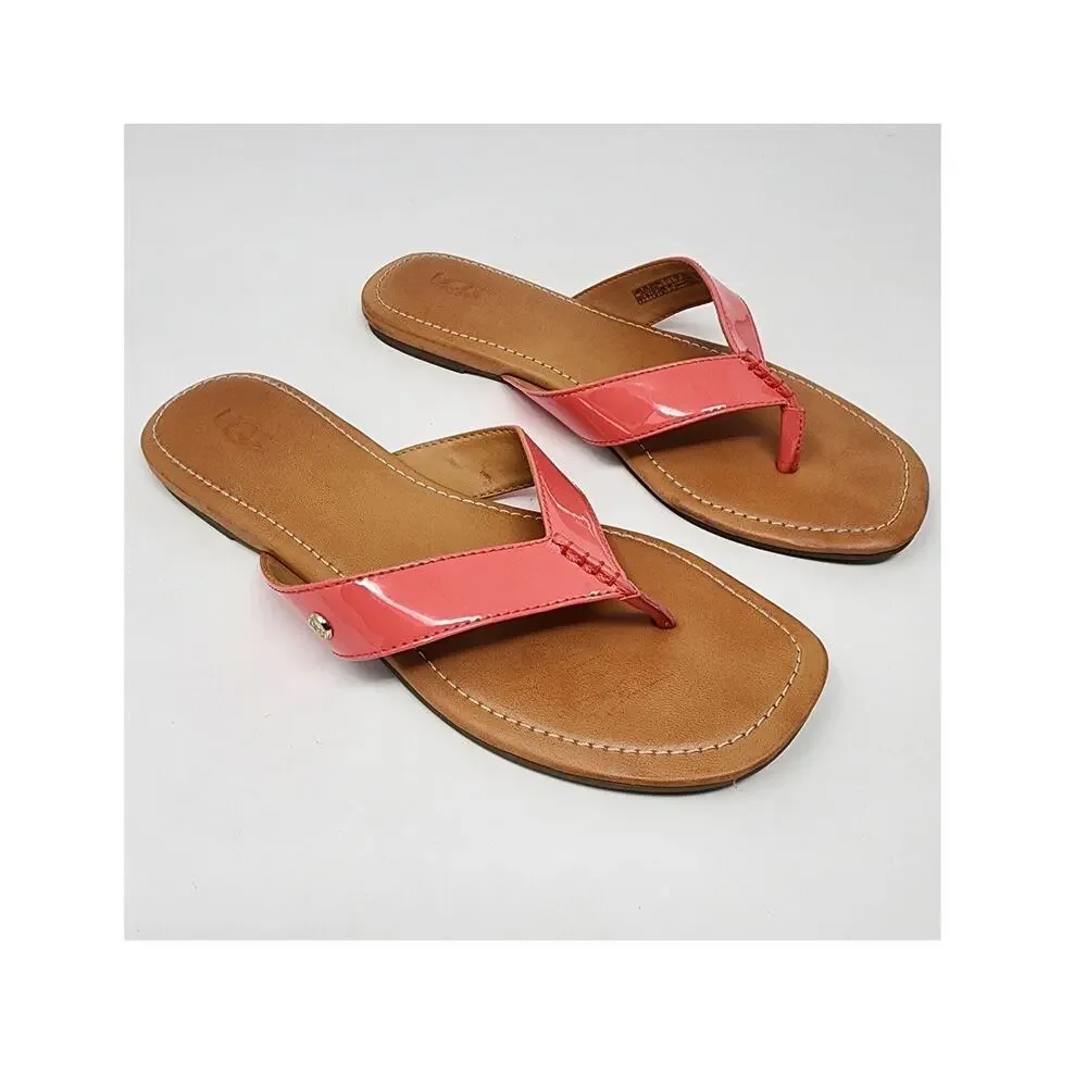 Ugg Tuolumne Thong Sandal Women 9 Patent Flip Flop Neon Pink Logo Rivet EUC - Picture 1 of 11